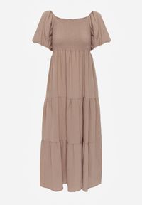 Renee - Beżowa Sukienka z Wiskozy o Rozkloszowanym Kroju z Bufiastymi Rękawkami Rosena. Kolor: beżowy. Materiał: wiskoza. Długość rękawa: krótki rękaw. Sezon: lato. Typ sukienki: rozkloszowane. Długość: maxi #8