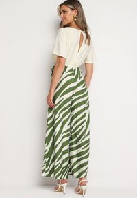 Born2be - Zielono-Beżowy Taliowany Kombinezon z Szerokimi Nogawkami i Paskiem w Talii Nellma. Okazja: na co dzień. Kolor: zielony. Materiał: wiskoza. Długość rękawa: krótki rękaw. Długość: krótkie. Styl: casual, elegancki #2