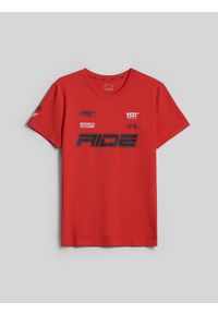 4f - 4F T-shirt slim z nadrukiem męski - czerwony M. Okazja: na co dzień, na spacer. Kolor: czerwony. Materiał: jeans, dzianina, bawełna, materiał, jersey. Wzór: nadruk. Styl: casual, klasyczny #1