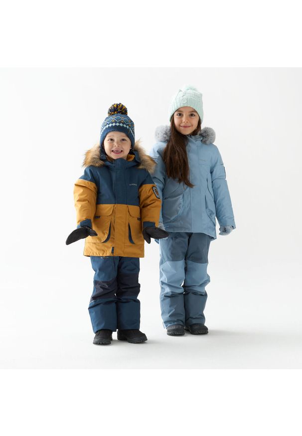quechua - Parka turystyczna dla dzieci Quechua SH500 Mountain. Typ kołnierza: kołnierzyk stójkowy. Kolor: niebieski, brązowy, żółty, wielokolorowy. Materiał: materiał, futro. Sezon: zima. Styl: sportowy