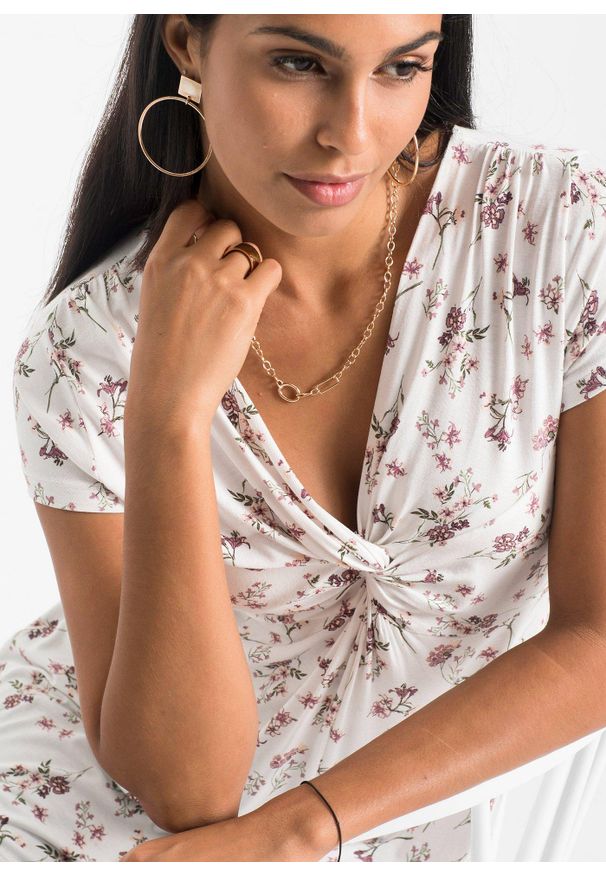 bonprix - T-shirt z mieszanki wiskozy. Typ kołnierza: dekolt w serek. Kolor: biały. Materiał: wiskoza. Wzór: aplikacja, nadruk, gładki