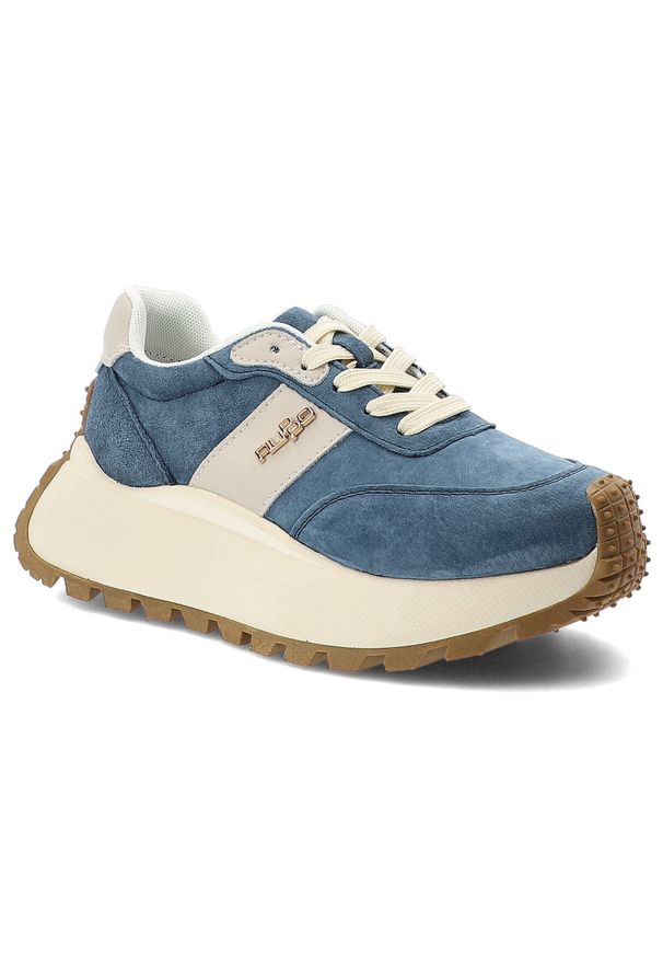 Sneakersy damskie Filippo, cholewka z naturalnej skóry zamszowej z kontrastowym panelem bocznym i klasycznym sznurowaniem z metalowym logo masywna br. Okazja: na spacer, na co dzień. Kolor: niebieski. Materiał: zamsz, skóra. Szerokość cholewki: normalna. Obcas: na platformie. Styl: klasyczny