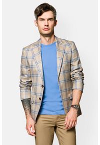 Lancerto - Marynarka Beżowa w Błękitną Kratę Jamuria. Kolor: beżowy. Materiał: jeans, wiskoza, włókno, len, wełna, bawełna, materiał, poliester, tkanina. Wzór: kolorowy, kropki. Sezon: lato #1