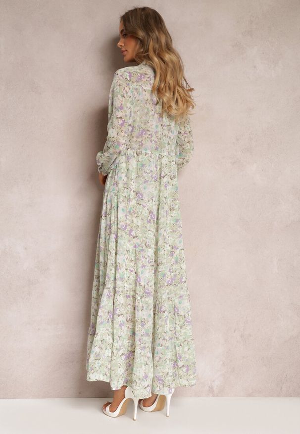 Renee - Miętowa Koszulowa Sukienka Maxi w Kwiaty z Falbaną na Dole Nilmisse. Kolor: miętowy. Wzór: kwiaty. Typ sukienki: koszulowe. Długość: maxi