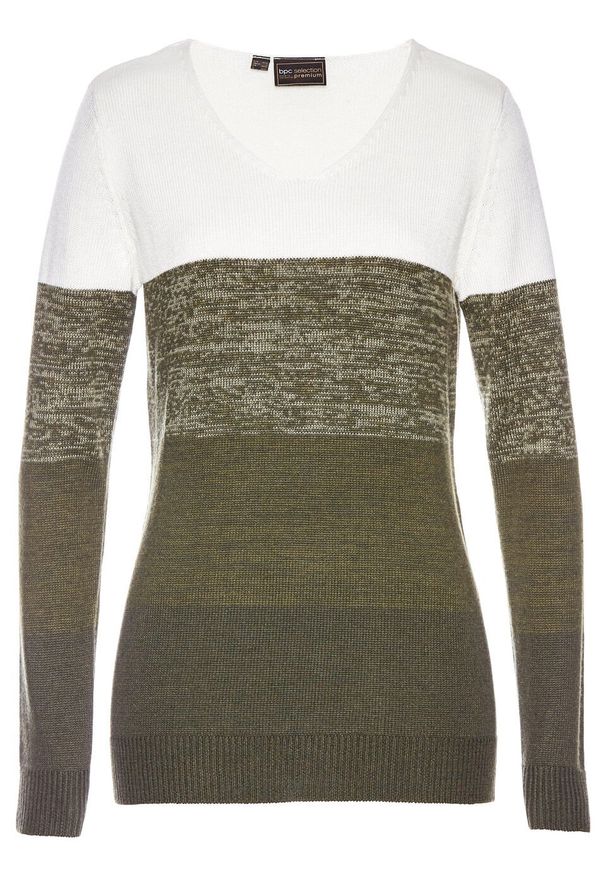 Długi sweter Premium z kaszmirem bonprix biel wełny - nocny oliwkowy w paski. Kolor: biały. Materiał: wełna, poliester, wiskoza, poliamid, materiał, kaszmir. Długość: długie. Wzór: paski