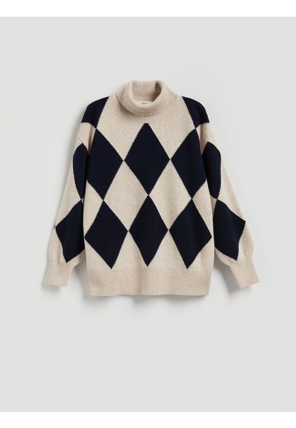 Reserved - Wełniany golf w romby - wielobarwny. Typ kołnierza: golf. Materiał: wełna