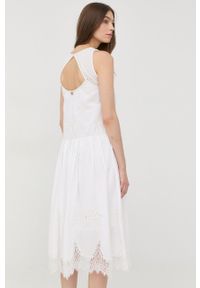 TwinSet - Twinset sukienka kolor biały midi rozkloszowana. Kolor: biały. Materiał: koronka. Wzór: aplikacja. Typ sukienki: rozkloszowane. Długość: midi