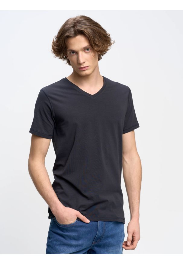 Big-Star - Koszulka męska v-neck granatowa Classicov 404. Okazja: na co dzień. Typ kołnierza: dekolt w kształcie V. Kolor: niebieski. Materiał: tkanina. Sezon: lato. Styl: klasyczny, elegancki, casual