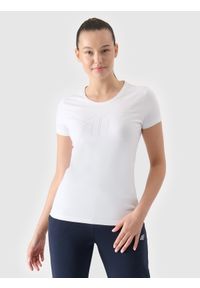 4f - 4F T-shirt slim z nadrukiem damski - biały XL. Okazja: na co dzień. Kolor: biały. Materiał: dzianina, bawełna, jersey, materiał, elastan. Długość rękawa: krótki rękaw. Długość: krótkie. Wzór: nadruk. Styl: sportowy, casual