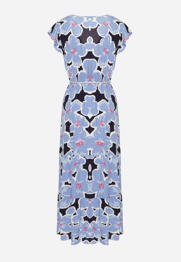 Born2be - Niebieska Wiskozowa Sukienka w Kwiaty z Gumką w Pasie z Ozdobnym Paskiem Vikellie. Okazja: na co dzień. Typ kołnierza: dekolt w kształcie V. Kolor: niebieski. Materiał: wiskoza. Długość rękawa: krótki rękaw. Wzór: kwiaty. Typ sukienki: proste. Styl: casual