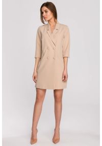 Stylove - Elegancka sukienka marynarkowa z paskiem beżowa. Okazja: na spotkanie biznesowe, do pracy. Kolor: beżowy. Styl: elegancki #4