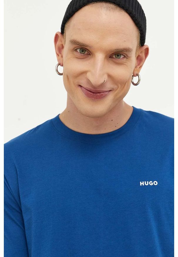 Hugo - HUGO t-shirt bawełniany kolor niebieski gładki. Kolor: niebieski. Materiał: bawełna. Wzór: gładki. Styl: klasyczny