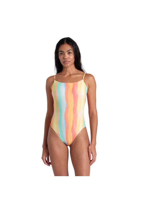 Strój kąpielowy damski treningowy Arena Women Tie Back Multistripes. Kolor: pomarańczowy, niebieski, wielokolorowy, żółty