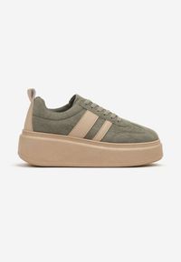 Renee - Zielone Sneakersy Klasyczne Tenisówki na Grubej Podeszwie z Koturnem Adessia. Nosek buta: okrągły. Zapięcie: sznurówki. Kolor: zielony. Materiał: materiał. Obcas: na koturnie. Wysokość obcasa: niski