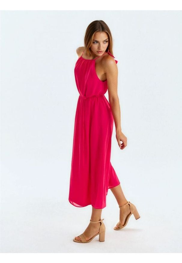 Sinsay - Sukienka midi z dekoracyjnym wiązaniem z motywem kwiatów - różowy. Kolor: różowy. Wzór: kwiaty. Długość: midi