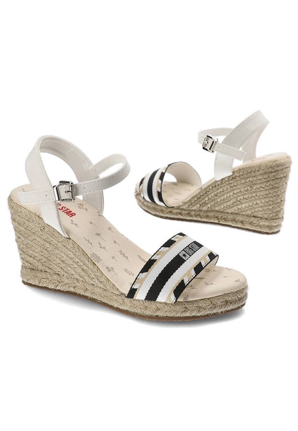 Big-Star - Białe Sandały Big Star Modne Espadryle Damskie. Okazja: na co dzień. Zapięcie: pasek. Kolor: biały. Szerokość cholewki: normalna. Wzór: nadruk, aplikacja, paski. Materiał: materiał. Sezon: lato. Obcas: na koturnie. Styl: casual, wakacyjny