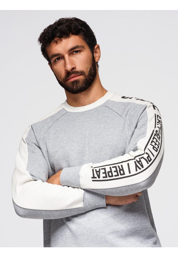 Ombre Clothing - Męska bluza z kontrastowymi lampasami i raglanowym rękawem – szary melanż V2 - Rozmiar: L. Okazja: na co dzień. Kolor: szary. Materiał: jeans, bawełna, dresówka, poliester. Długość rękawa: raglanowy rękaw. Wzór: melanż. Styl: casual, klasyczny