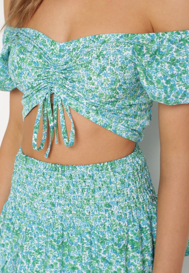 Born2be - Niebieski Komplet Bluzka Hiszpanka z Troczkiem i Rozkloszowana Spódniczka z Falbankami Revona. Kolor: niebieski