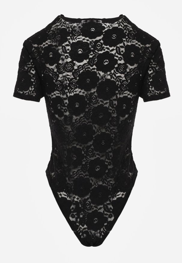 Born2be - Czarne Koronkowe Body z Krótkim Rękawem Moanelli. Okazja: na co dzień. Kolor: czarny. Materiał: koronka. Długość rękawa: krótki rękaw. Długość: krótkie. Wzór: kwiaty, aplikacja. Styl: casual