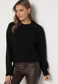 Born2be - Czarny Sweter z Wełną Ściągaczem i Tłoczeniem Riavonnae. Okazja: na co dzień. Kolor: czarny. Materiał: wełna. Styl: casual, elegancki, klasyczny, wizytowy #1