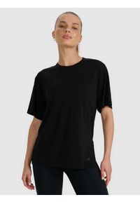 4f - 4F T-shirt oversize z modalem damski - czarny S. Okazja: na co dzień. Kolor: czarny. Materiał: skóra, poliester, materiał, jersey. Długość rękawa: krótki rękaw. Długość: krótkie. Wzór: ze splotem, gładki. Styl: casual, sportowy, klasyczny #1