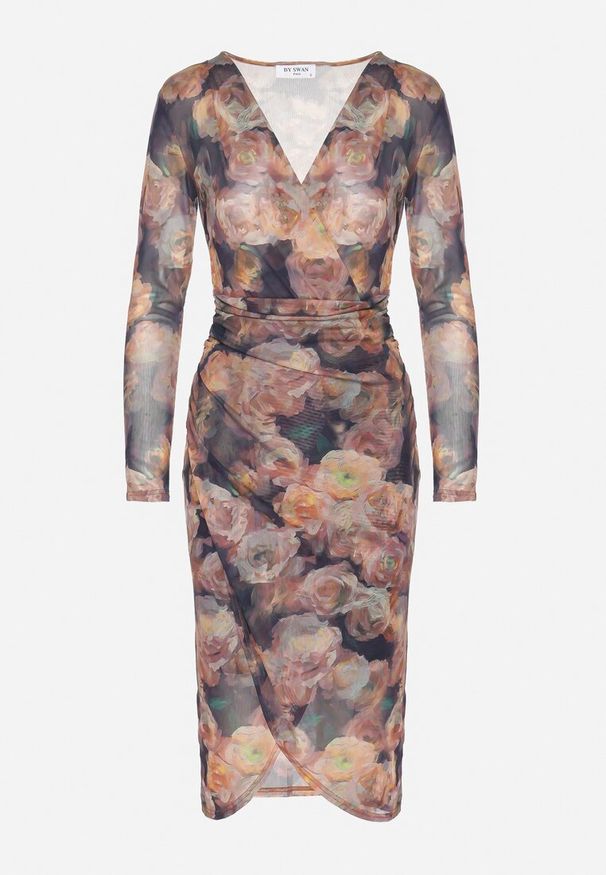 Born2be - Brązowo-Granatowa Sukienka Siateczkowa z Wiskozą o Kopertowym Kroju z Marszczeniem Bolsela. Okazja: na randkę, na wesele, na ślub cywilny, na imprezę. Kolor: brązowy. Materiał: wiskoza. Typ sukienki: kopertowe. Styl: elegancki, klasyczny