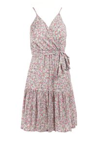 Born2be - Biało-Różowa Sukienka z Wiskozy Porthos. Kolor: biały. Materiał: wiskoza. Długość rękawa: na ramiączkach. Wzór: kwiaty. Sezon: lato. Typ sukienki: kopertowe. Długość: mini #3