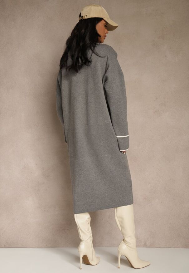 Renee - Szary Niezapinany Kardigan o Długim Kroju z Lamówką Venisse. Okazja: na co dzień. Kolor: szary. Materiał: jeans. Długość: długie. Styl: casual, klasyczny