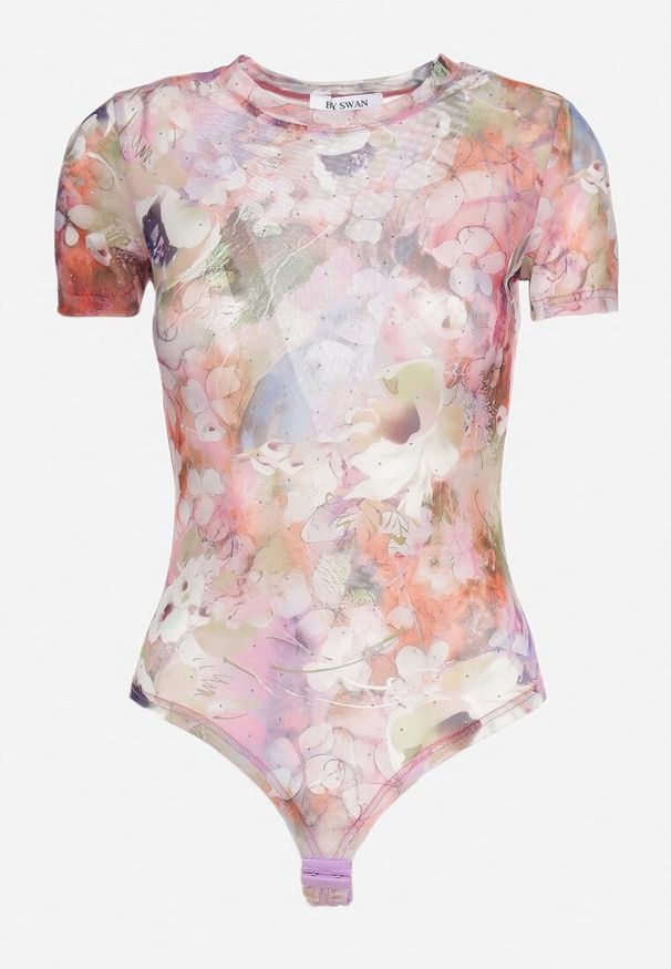 Born2be - Różowe Body z Cienkiej Siateczki z Krótkim Rękawem w Kwiaty Dimashas. Kolor: różowy. Materiał: tkanina. Długość rękawa: krótki rękaw. Długość: krótkie. Wzór: kwiaty. Sezon: lato