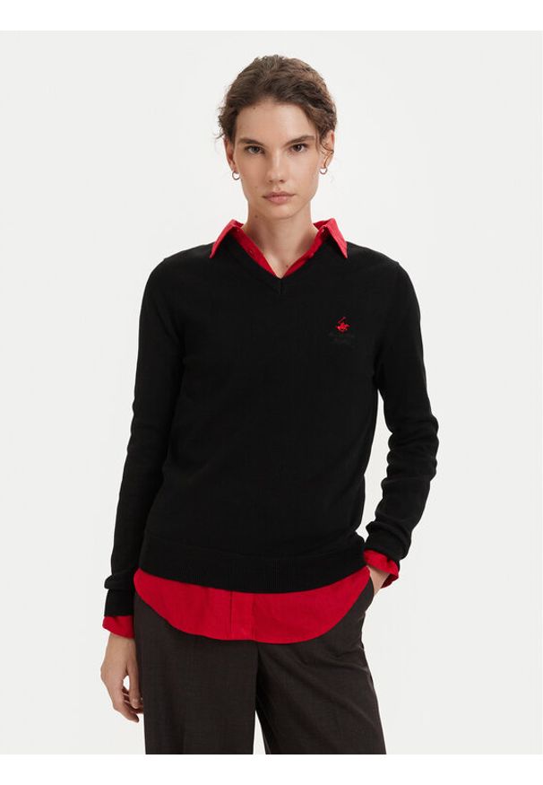 Beverly Hills Polo Club Sweter P-SS26W-M536563 Czarny Regular Fit. Typ kołnierza: polo. Kolor: czarny. Materiał: bawełna