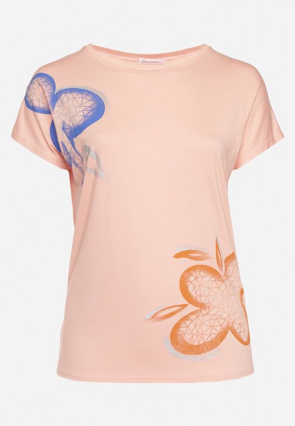 Born2be - Jasnoróżowy Klasyczny T-shirt z Bawełny Ozdobiony Nadrukiem i Cyrkoniami Kristinae. Okazja: na co dzień. Kolor: różowy. Materiał: bawełna. Wzór: nadruk, aplikacja. Styl: klasyczny