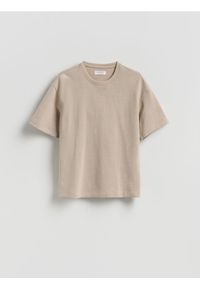 Reserved - Bawełniany t-shirt boxy - beżowy. Kolor: beżowy. Materiał: bawełna