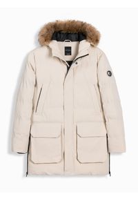 Ombre Clothing - Ocieplana długa męska kurtka parka z rozpinanym dołem – kremowa V1 OM-JALJ-0184 - XXL. Typ kołnierza: kołnierzyk stójkowy. Kolor: kremowy. Materiał: materiał, tkanina, syntetyk. Długość: długie. Wzór: aplikacja #5