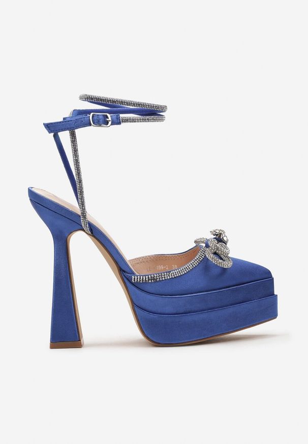 Born2be - Niebieskie Sandały na Wysokiej Szpilce i Platformie z Cyrkoniami i Odkrytą Piętą Keirra. Kolor: niebieski. Obcas: na platformie