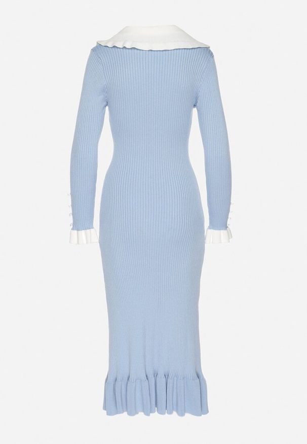 Born2be - Jasnoniebieska Dzianinowa Sukienka Retro z Wiskozą z Kołnierzykiem i Falbanami Hanlira. Okazja: na co dzień. Kolor: niebieski. Materiał: wiskoza, dzianina. Styl: retro