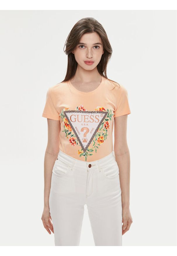 Guess T-Shirt W4GI24 J1314 Pomarańczowy Slim Fit. Kolor: pomarańczowy. Materiał: bawełna