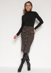 Born2be - Czarno-Beżowa Ołówkowa Tweedowa Spódnica w Kraciasty Wzór z Guzikami Anitusa. Okazja: na co dzień. Kolor: czarny. Materiał: jeans. Styl: klasyczny, casual, elegancki #5