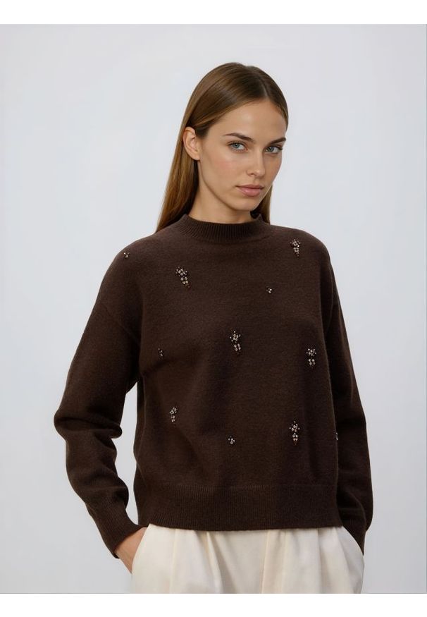 Reserved - Sweter z ozdobnymi aplikacjami - ciemnobrązowy. Kolor: brązowy. Materiał: dzianina, wełna. Wzór: aplikacja