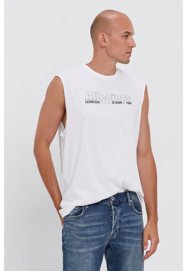 AllSaints T-shirt męski kolor biały z nadrukiem. Okazja: na co dzień. Kolor: biały. Wzór: nadruk. Styl: casual