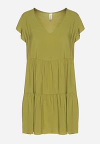 Born2be - Zielona Rozkloszowana Sukienka z Bawełny Ozdobiona Falbankami Natiriane. Okazja: na co dzień. Typ kołnierza: kołnierz z falbankami. Kolor: zielony. Materiał: bawełna. Wzór: aplikacja. Sezon: wiosna, lato. Styl: elegancki, casual #4