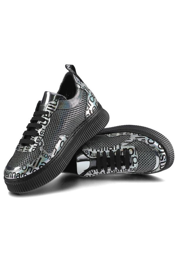 Srebrne Sneakersy Artiker Damskie Stylowe Półbuty. Kolor: czarny. Materiał: skóra. Szerokość cholewki: normalna. Wzór: ażurowy, nadruk. Obcas: na platformie. Styl: elegancki