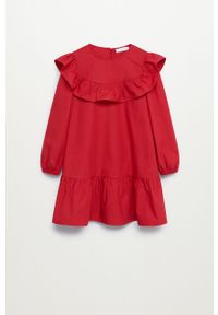 Mango Kids - Sukienka dziecięca POPLIN. Kolor: czerwony. Materiał: tkanina, bawełna. Wzór: gładki. Typ sukienki: rozkloszowane. Długość: mini #1