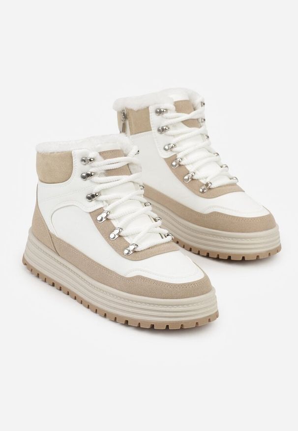 Born2be - Białe Sneakersy na Grubej Podeszwie z Futerkiem Alweda. Okazja: na co dzień. Kolor: biały. Materiał: futro