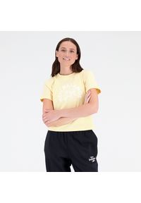 Koszulka damska New Balance WT31554RAW – żółta. Kolor: żółty. Materiał: bawełna, materiał, poliester. Długość rękawa: krótki rękaw. Długość: krótkie