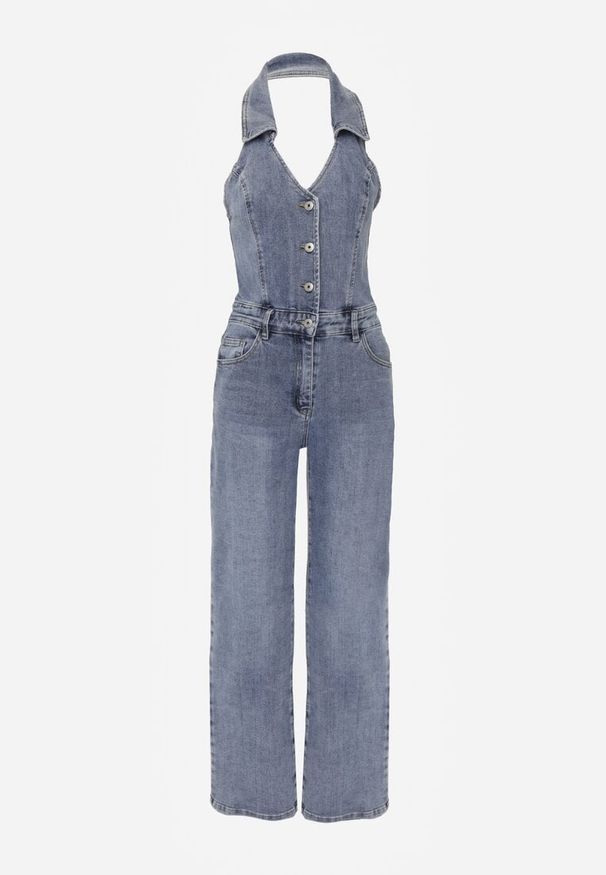 Renee - Niebieski Bawełniany Kombinezon Jeansowy z Dekoltem Halter i Kołnierzykiem Edaviann. Kolor: niebieski. Materiał: bawełna, jeans. Wzór: haft