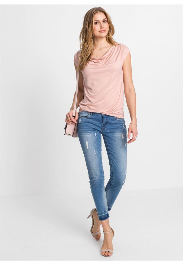 bonprix - Bluzka kaskadowa z mieszanki wiskozy. Typ kołnierza: dekolt woda. Kolor: różowy. Materiał: wiskoza