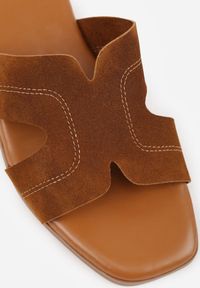 Born2be - Jasnobrązowe Klapki VICES na Niskim Słupku z Ozdobnymi Wycięciami w Cholewce Celatheis. Okazja: na co dzień, na spacer. Kolor: brązowy. Materiał: len. Wzór: haft. Sezon: lato. Obcas: na słupku. Styl: casual, elegancki #3