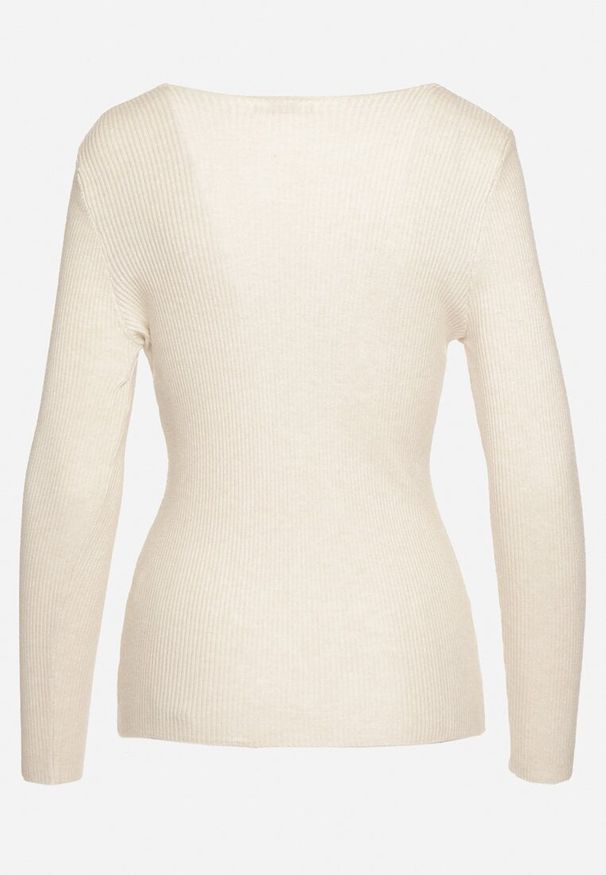 Born2be - Jasnobeżowy Sweter Prążkowany z Trójkątnym Dekoltem Vorila. Okazja: na co dzień. Kolor: beżowy. Materiał: prążkowany. Styl: elegancki, casual