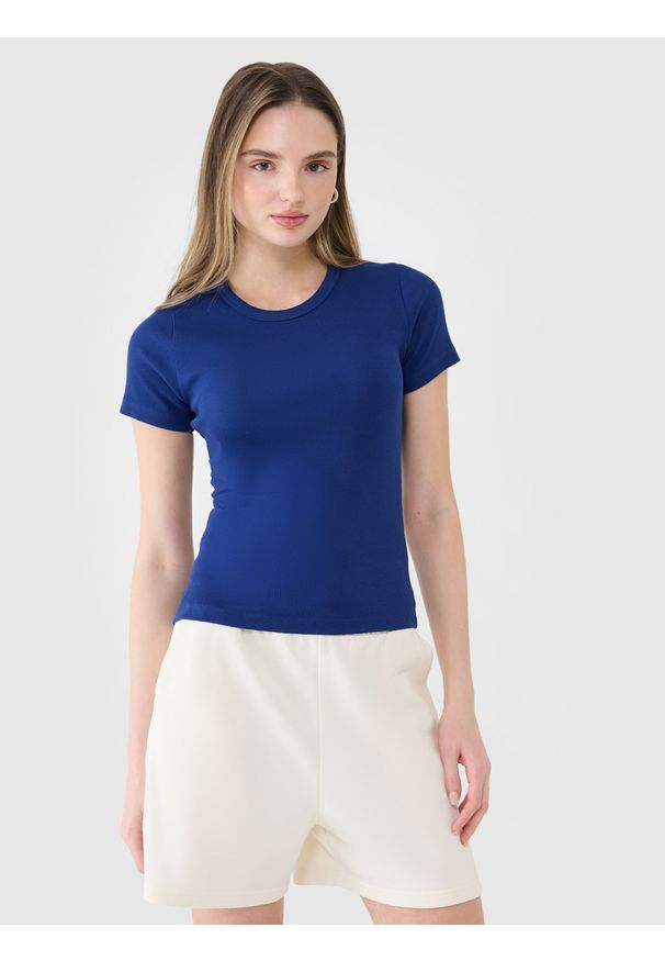 4f - 4F T-shirt slim z prążkowanej dzianiny damski - granatowy S. Okazja: na co dzień. Kolor: niebieski. Materiał: dzianina, prążkowany. Długość rękawa: krótki rękaw. Długość: krótkie. Wzór: prążki, jednolity. Styl: klasyczny, sportowy, casual