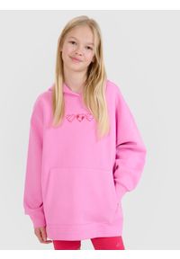 4f - 4F Bluza dresowa nierozpinana z kapturem dziewczęca - różowa 164 (13-14 lat). Okazja: na co dzień. Typ kołnierza: kaptur. Kolor: różowy. Materiał: dresówka. Wzór: gładki, nadruk, ze splotem. Sezon: lato. Styl: casual, sportowy #1